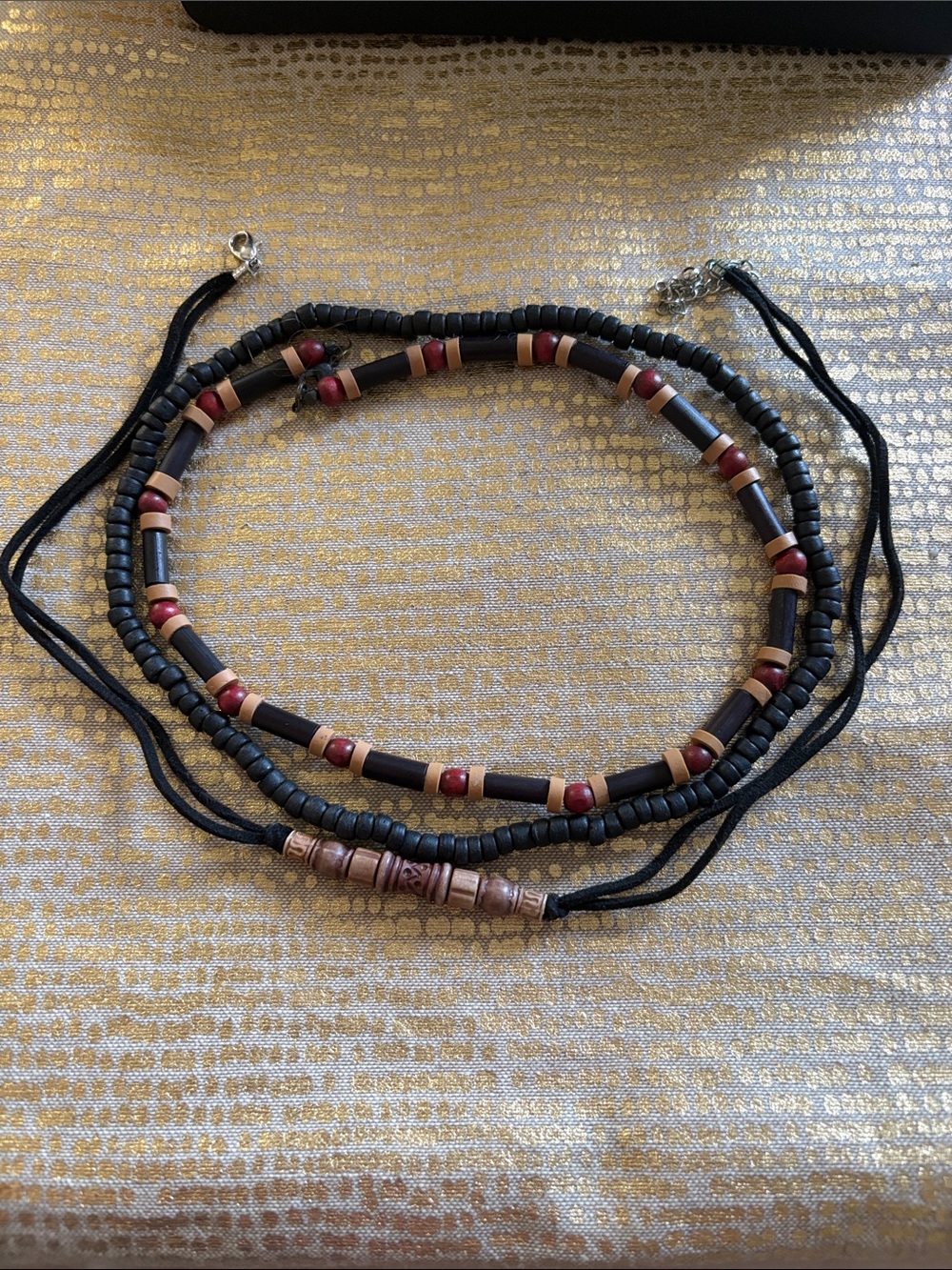 Necklace Set - (3) Black and Brown with Red Accents